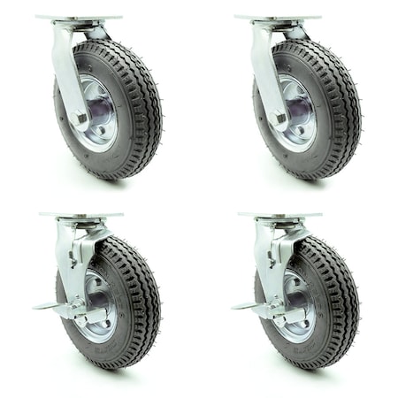 Service Caster 8 Inch Gray Pneumatic Wheel Caster Swivel with 2 Brakes, 4PK SCC-100S280-PNB-GRY-2-TLB-2